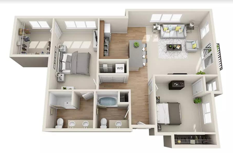 Floor plan for 2 beds, 2 baths, 1235 sqft